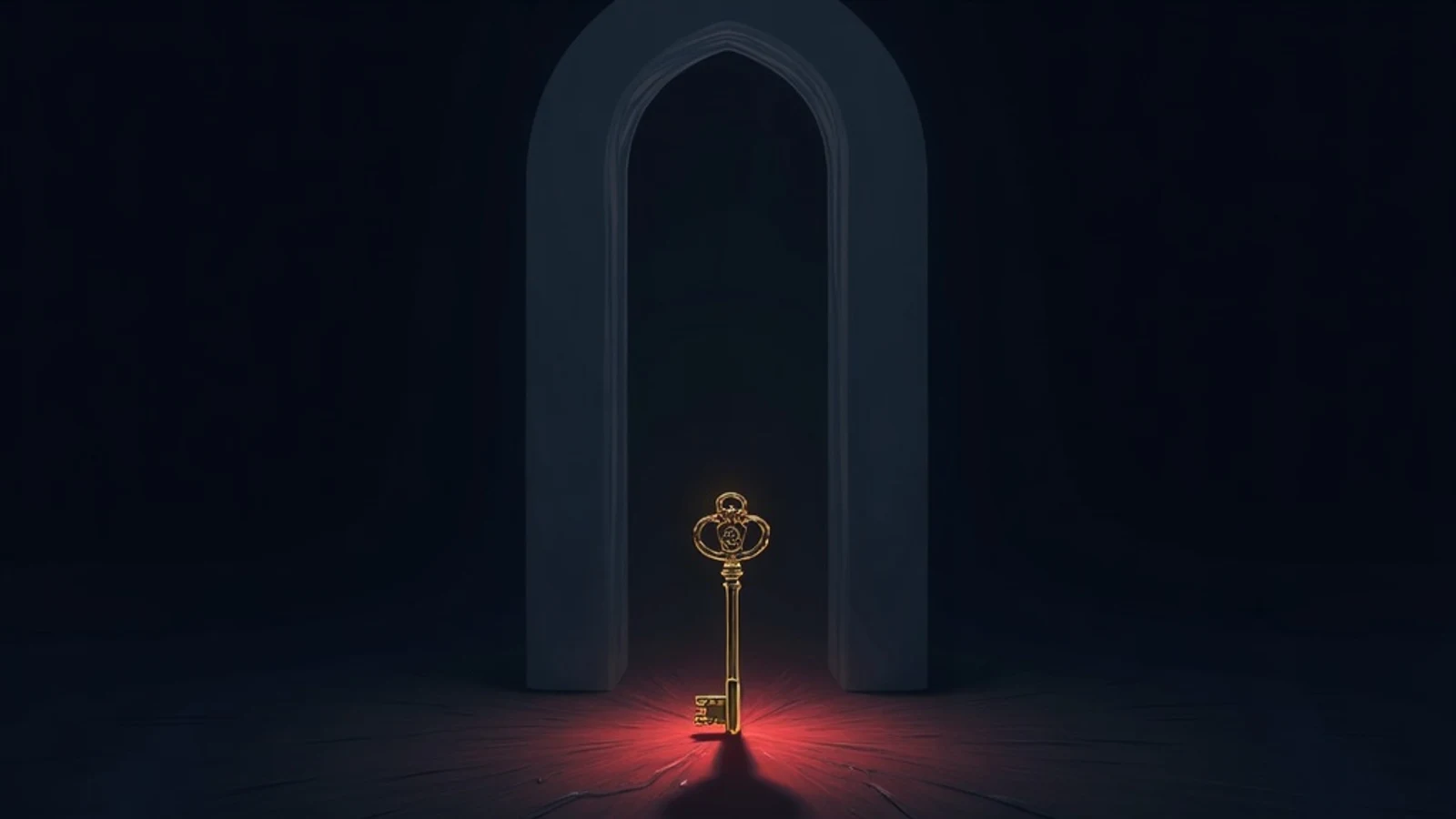 A single gold key resting before a shadowed church archway