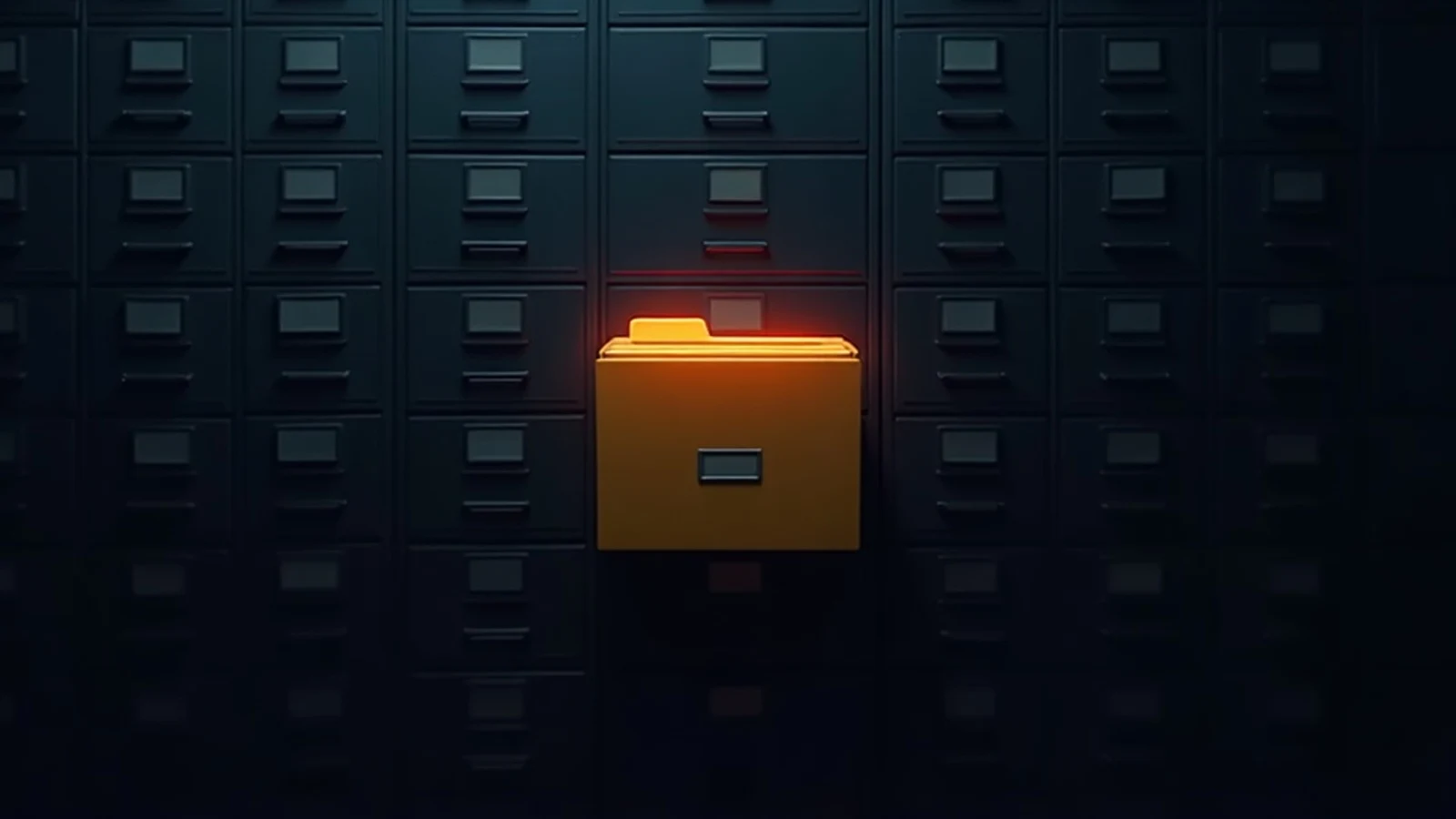 A single illuminated file emerging from a wall of identical dark filing cabinets