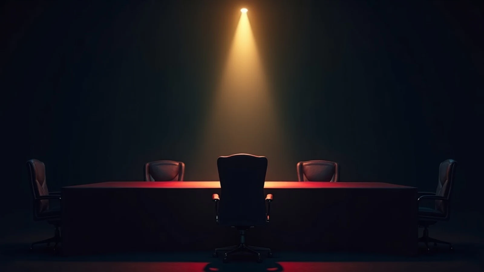 An empty chair at the head of a dark boardroom table, lit by a single spotlight
