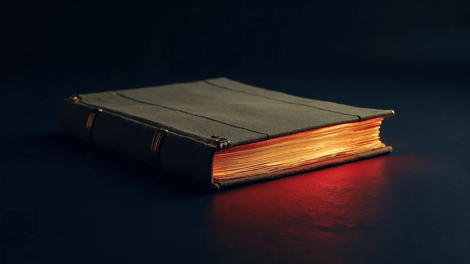 A single lit ledger book resting alone in a dark room