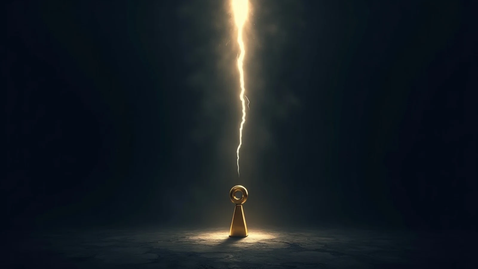 A small solitary marker standing firm against a vast dark wall, one crack of light breaking through