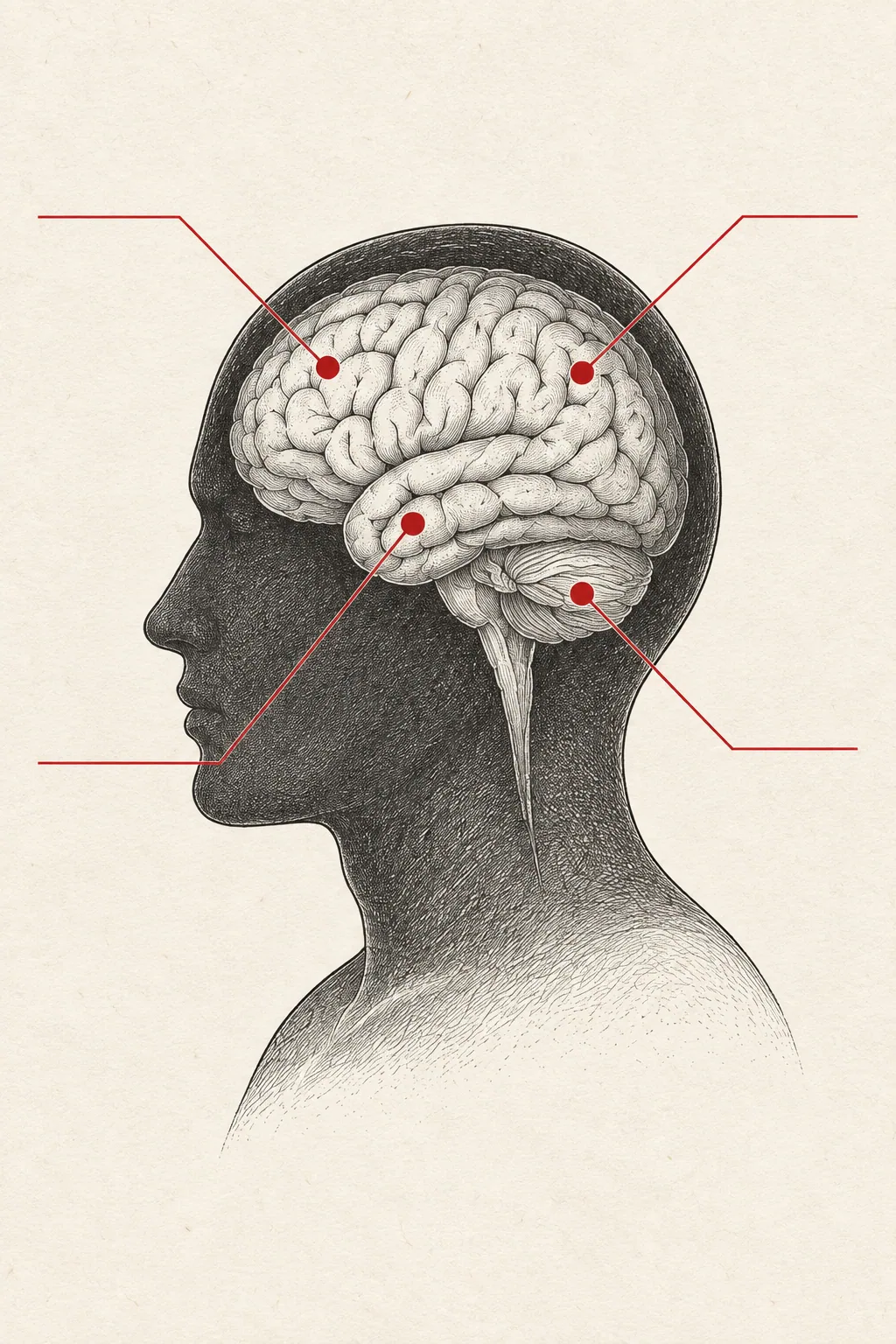 Scientific engraving of a human head in profile, the brain rendered in fine linework with four vermilion callout markers