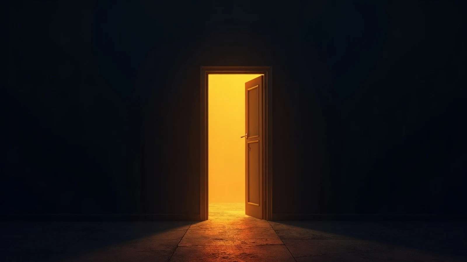 A single lit doorway with dark shadow lines pressing inward from every direction