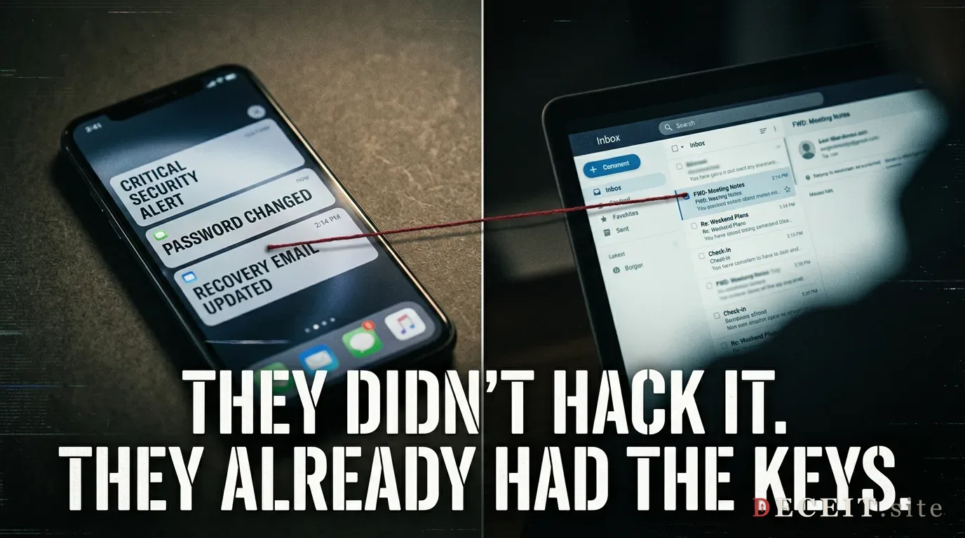 Password changed, recovery email swapped, and a second device reading along from inside the account.