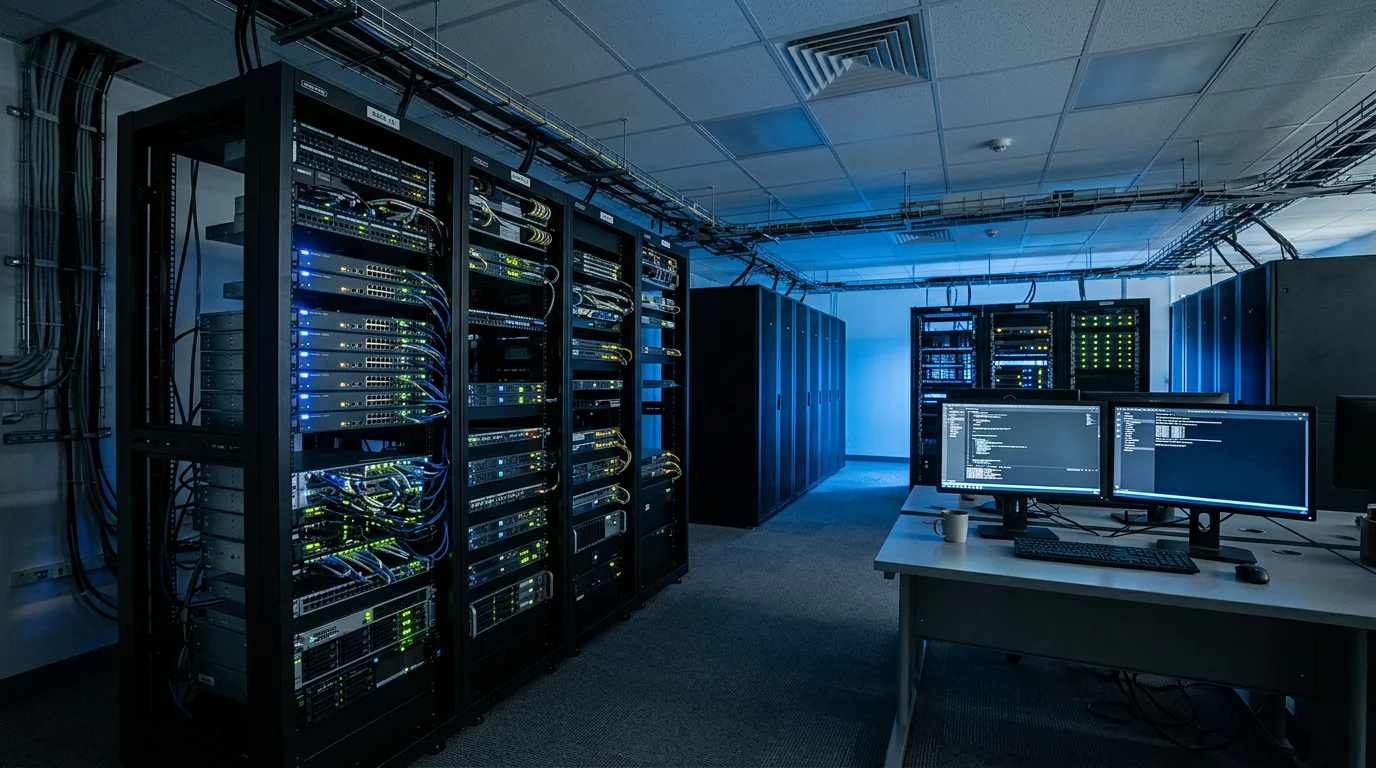 A generic technology research lab with server racks.