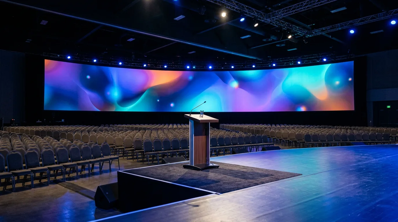 A corporate technology keynote stage before an empty audience.