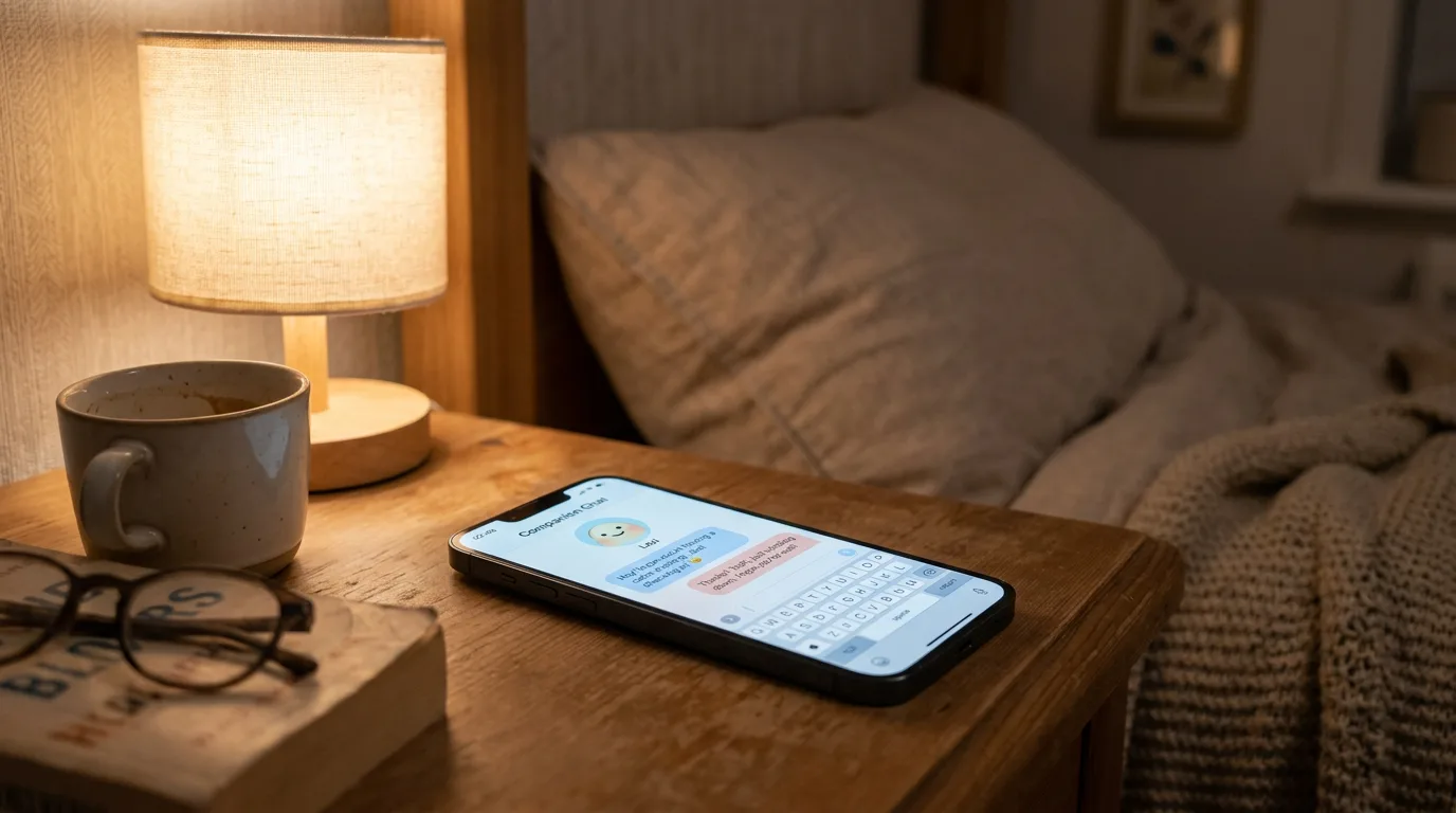Smartphone showing a friendly companion chat app on a bedside table