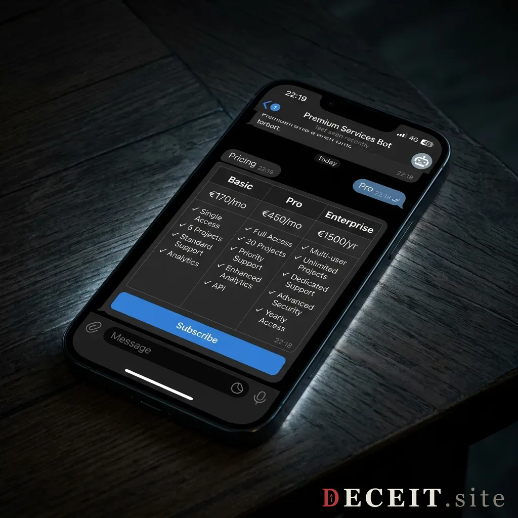 A phone showing a Telegram bot storefront with tiered pricing plans.