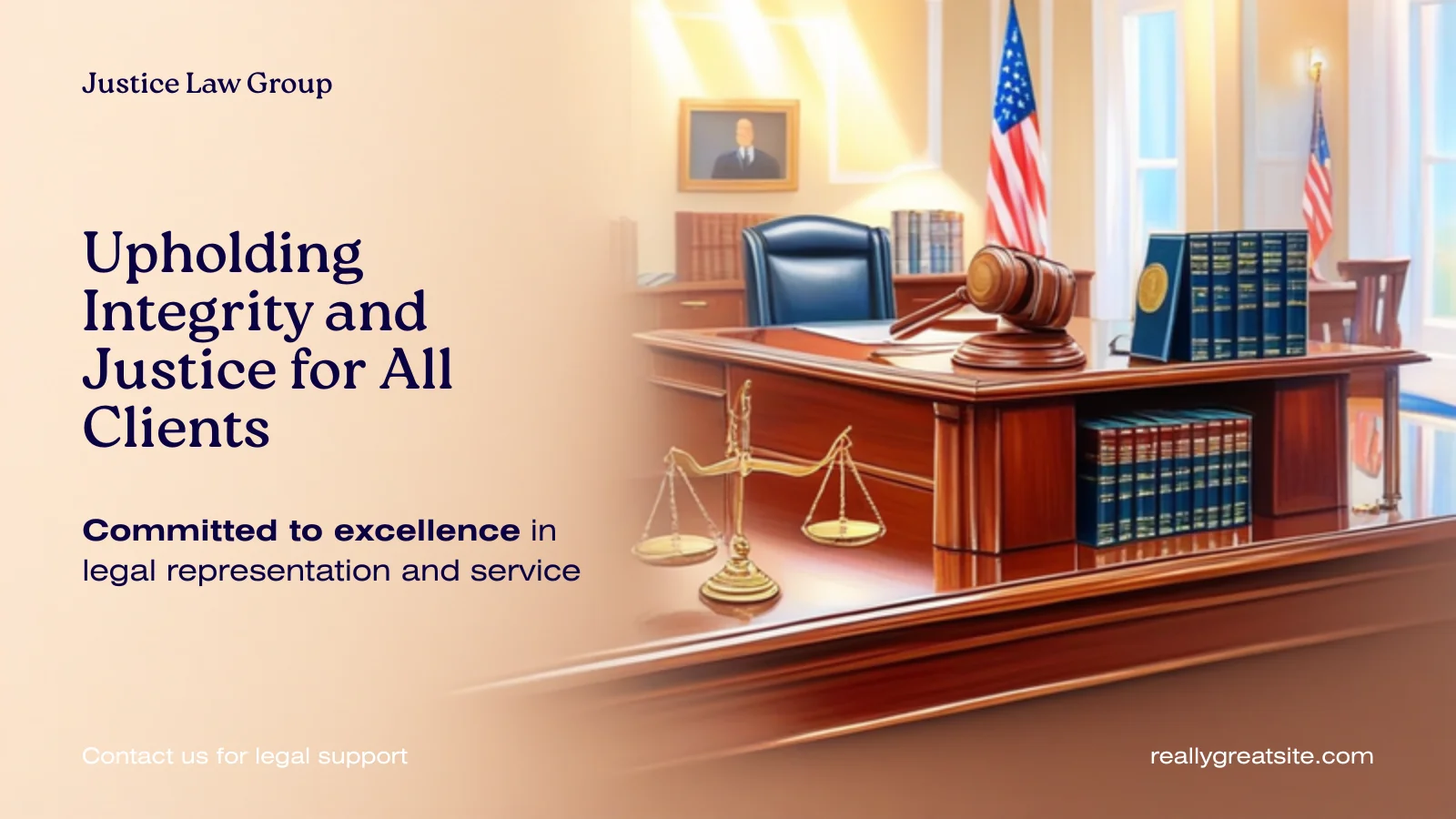 A clean, professional law firm. Scales of justice, a polished wooden gavel, bright lighting, American flag, legal books on a shelf. Just, orderly, principled.
