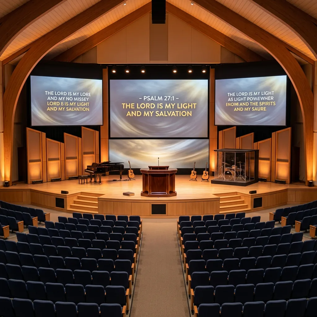 A grand megachurch stage bathed in warm golden light, polished and welcoming.