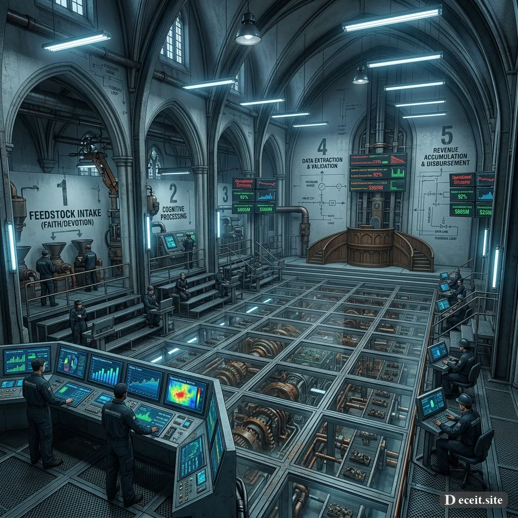 The same structure revealed as an industrial extraction machine: gears, pipes, and financial dashboards beneath the pulpit.