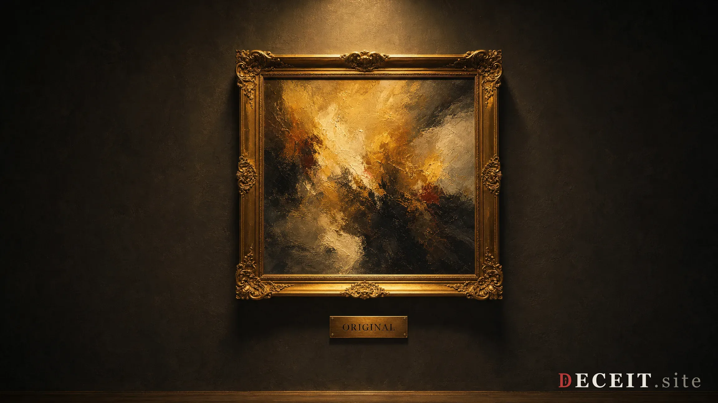 Painted gallery wall: a single ornately framed painting, softly spotlit in warm gold light, a small brass placard beneath it reading ORIGINAL.