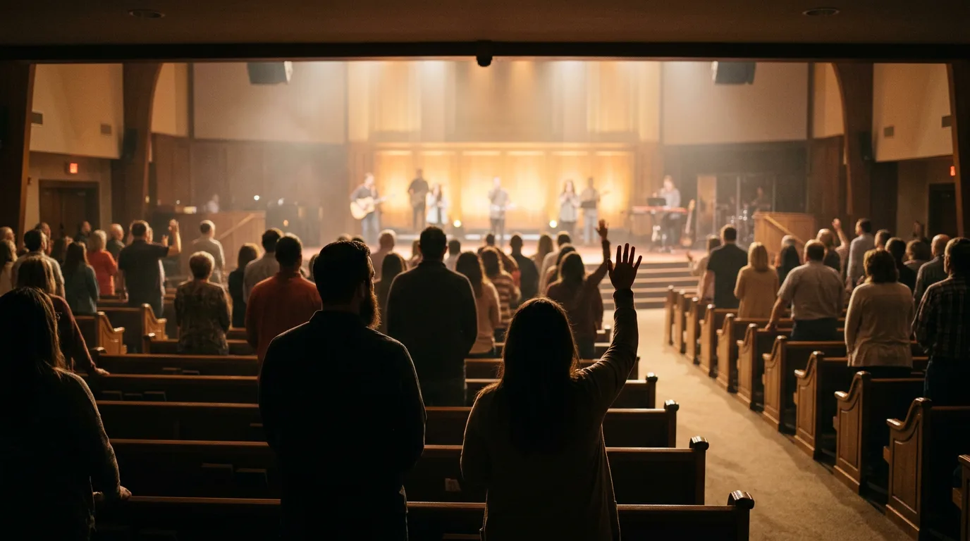 A congregation in worship, hands raised in the warm light.