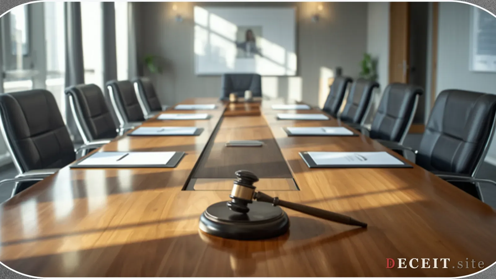 A clean, professional corporate boardroom. Bright lighting, a long polished table, leather chairs, organized documents, a gavel. Orderly, governed, accountable.