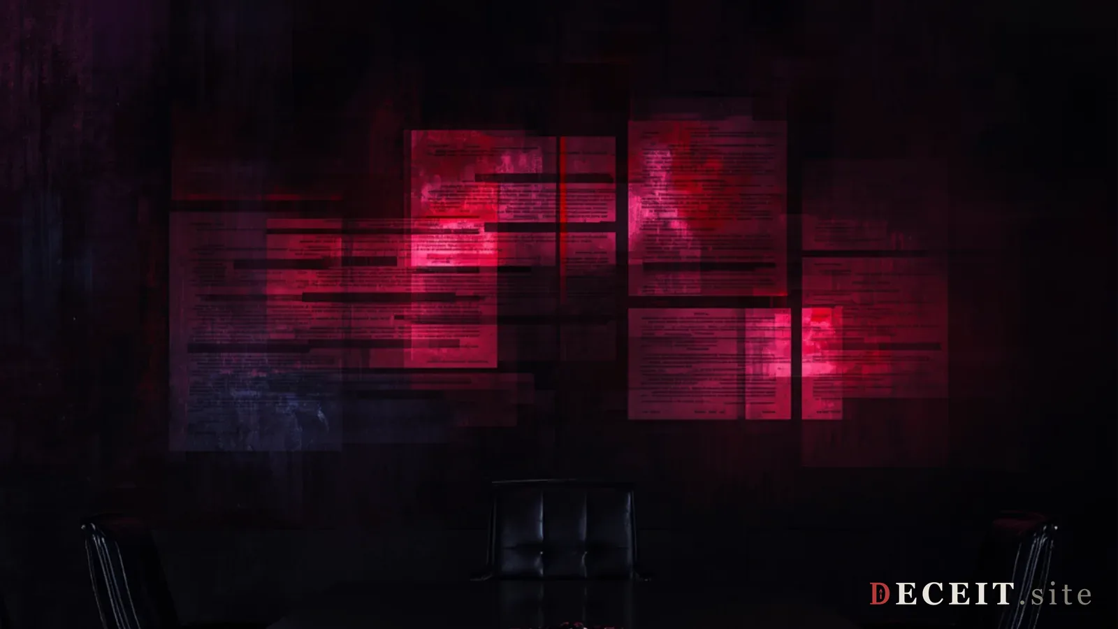 The same boardroom revealed as incomplete redaction. Behind the polished table, dark board minutes with visible text bleeding through redaction bars, a vote recorded, dissenters removed.