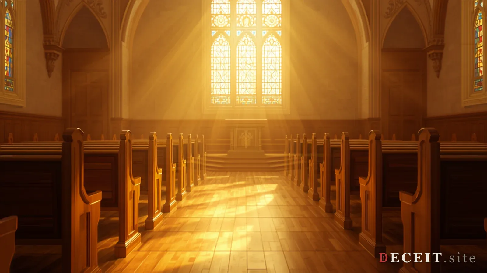 A clean, warm church interior. Soft golden light, wooden pews, a pulpit, stained glass aesthetic. Spiritual, governed, community.