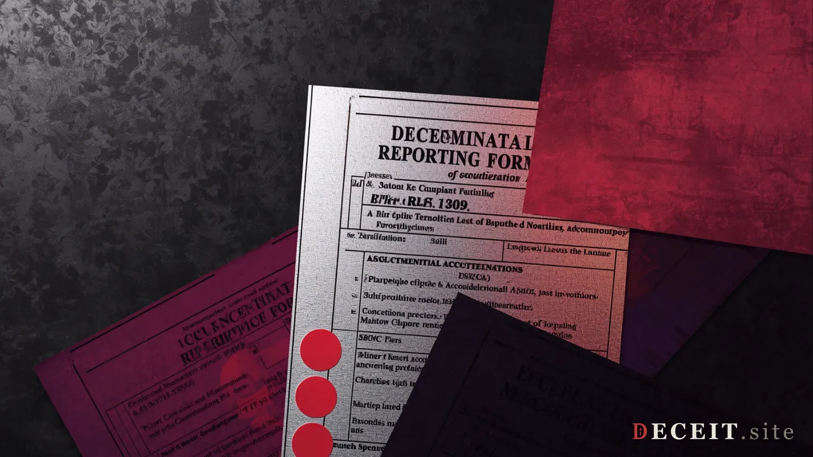 The same church revealed as a system of accountability mechanics. Behind the warm interior, dark denominational reporting forms, IRS Form 13909 documents, state AG complaint letters.