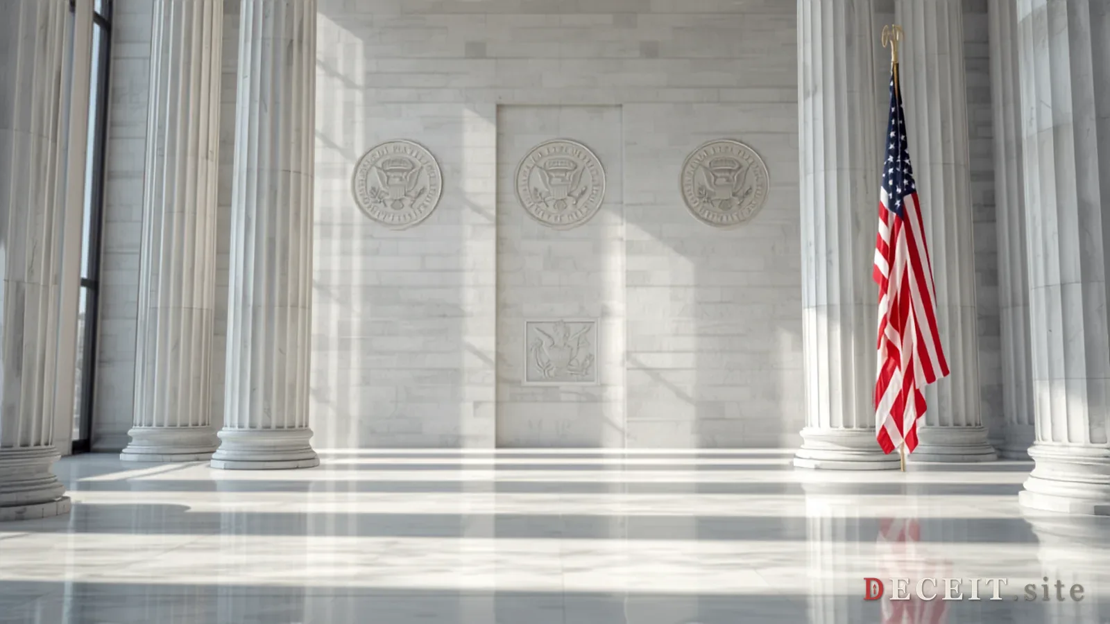A clean, professional government building. Bright lighting, marble columns, American flag, official seals. Democratic, accountable, transparent.