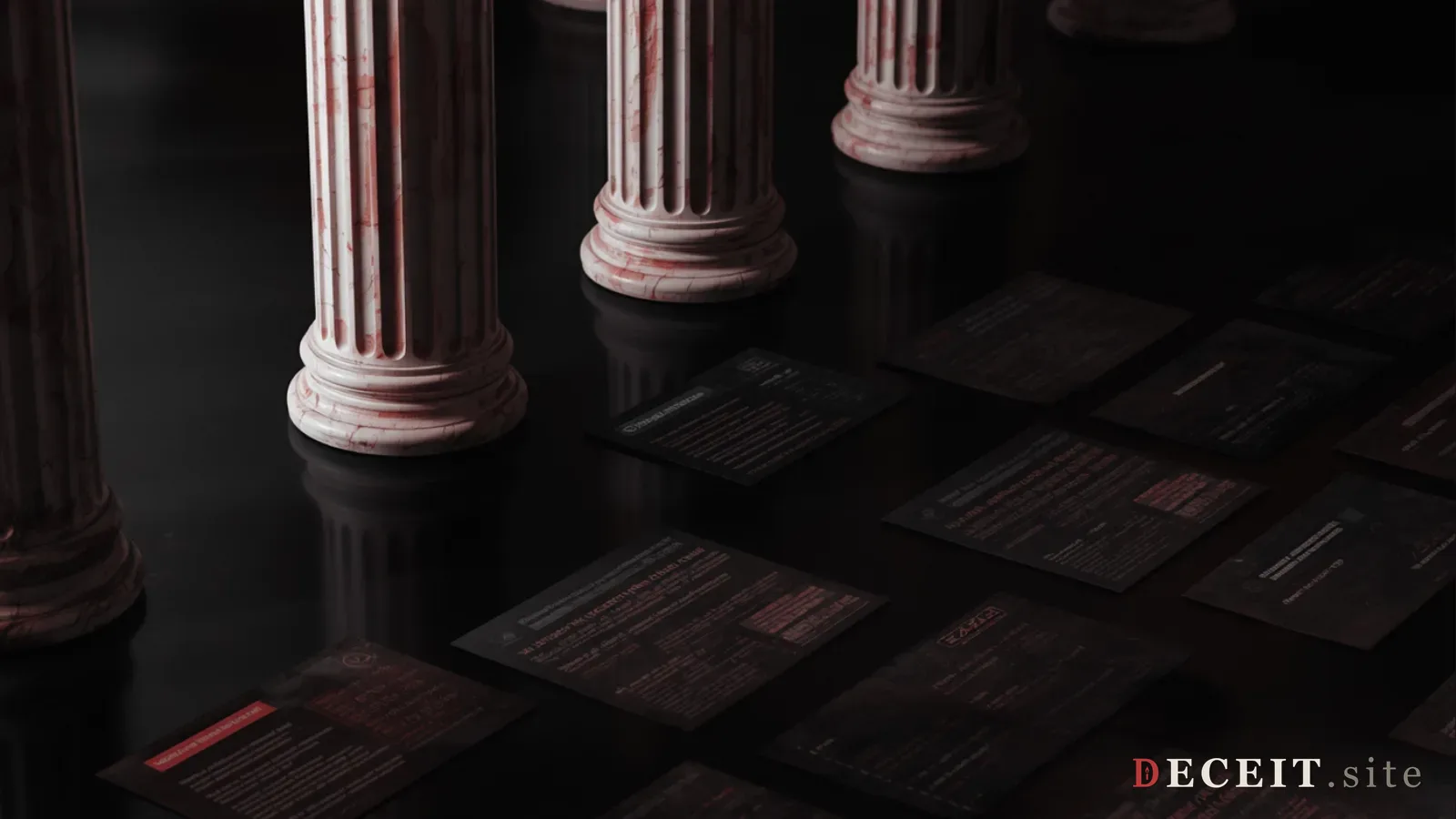 The same building revealed as a system of accountability mechanics. Behind the marble columns, dark FOIA request forms, inspector general reports, recall election petitions, open-meeting law documents.