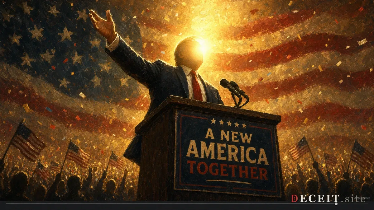Editorial illustration: a warmly lit painting of an anonymous politician at a podium before a dissolving American flag, framed as a video player, with the words 'AI generated' almost invisible in the corner above the scrubber bar.
