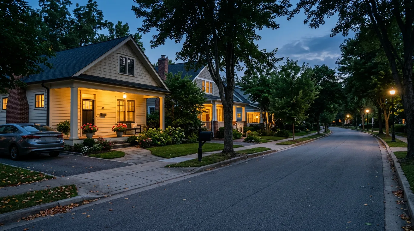 A quiet residential street at dusk.