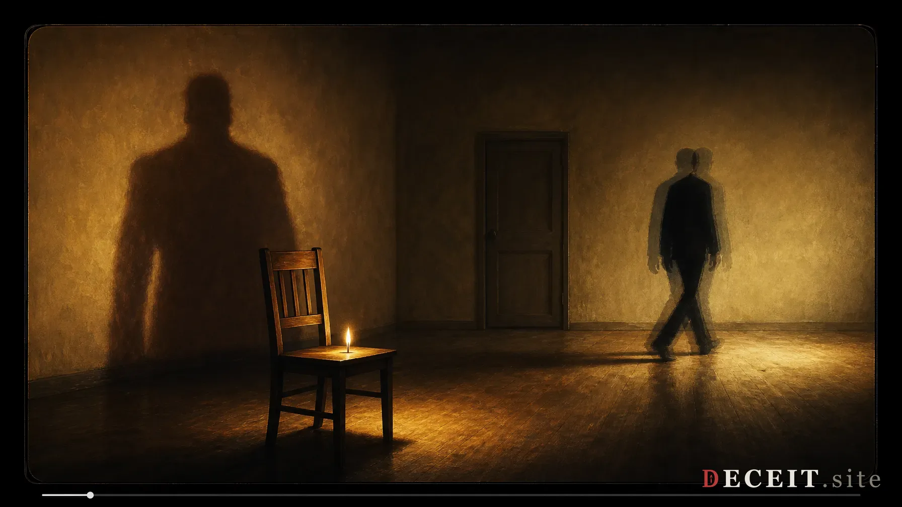 Editorial illustration: inside dark video-viewfinder chrome, a wooden chair catching a match's flame that casts a shadow too wide and too still for the single faceless figure walking away from it, an easy-to-miss closed door in the back wall.