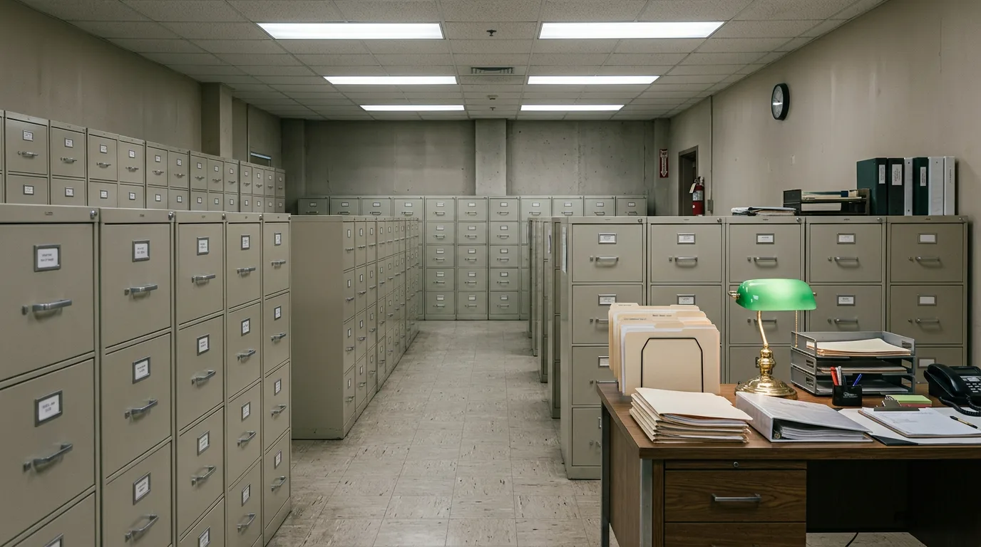 A government records archive room of filing cabinets.
