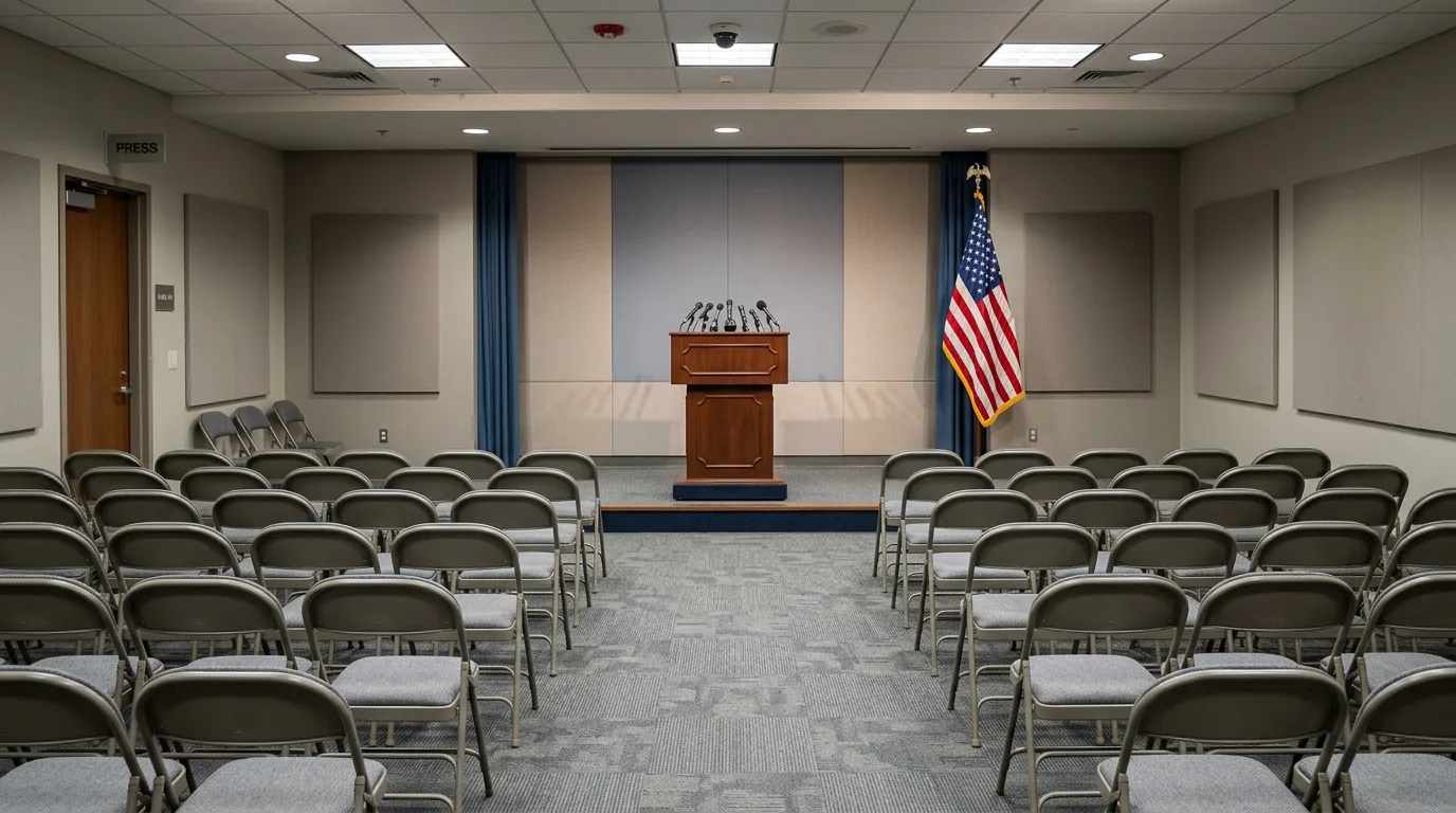 An empty government press briefing room.