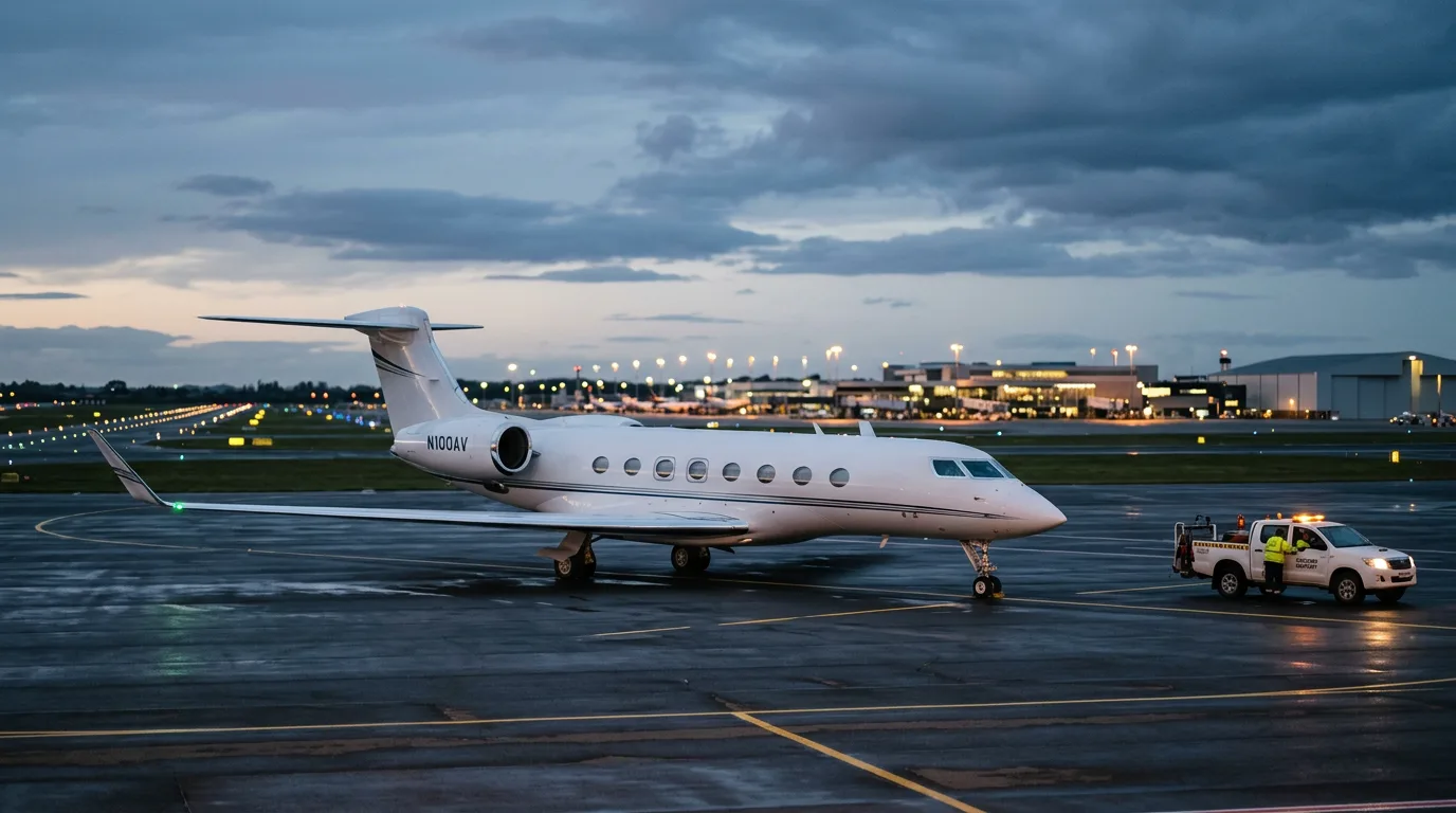 A private jet parked on an airport tarmac at dusk.