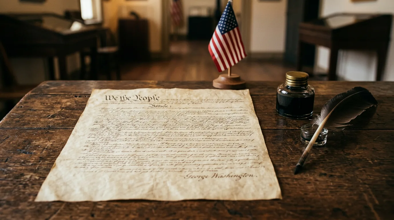 Aged constitutional parchment on a desk with quill and inkwell