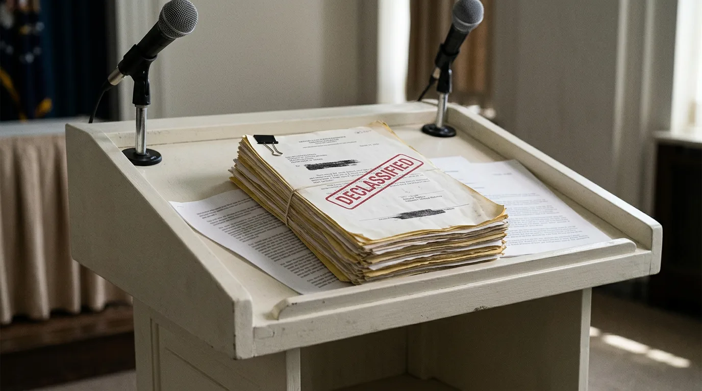 A stack of declassified government documents at a press briefing.