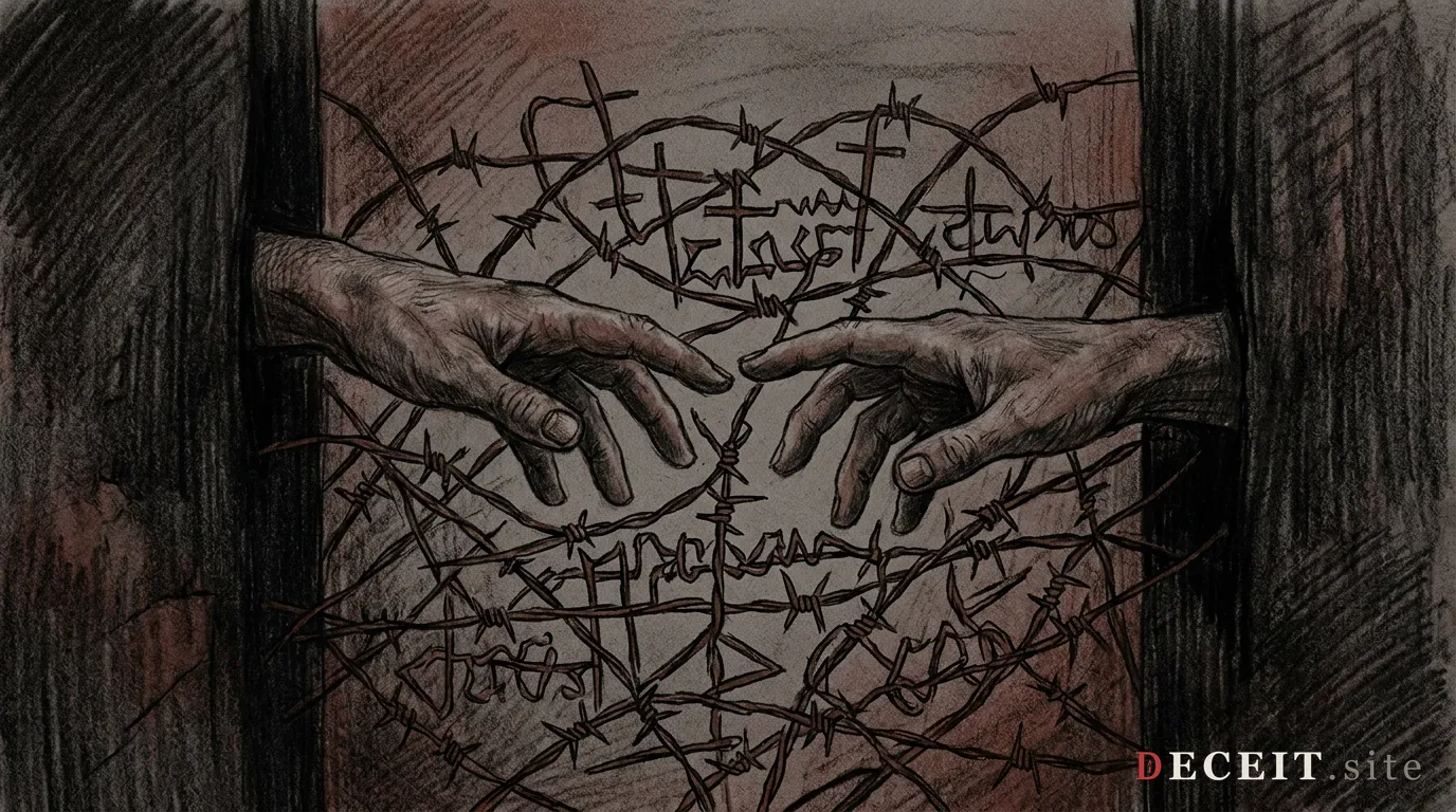The gap between the hands is filled with barbed wire shaped like scripture verses.