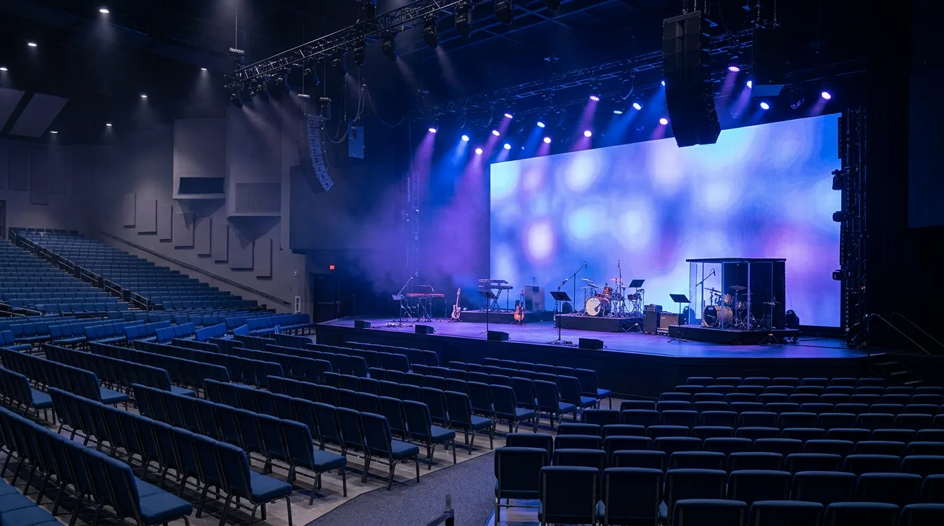 A modern megachurch worship stage under concert lighting.