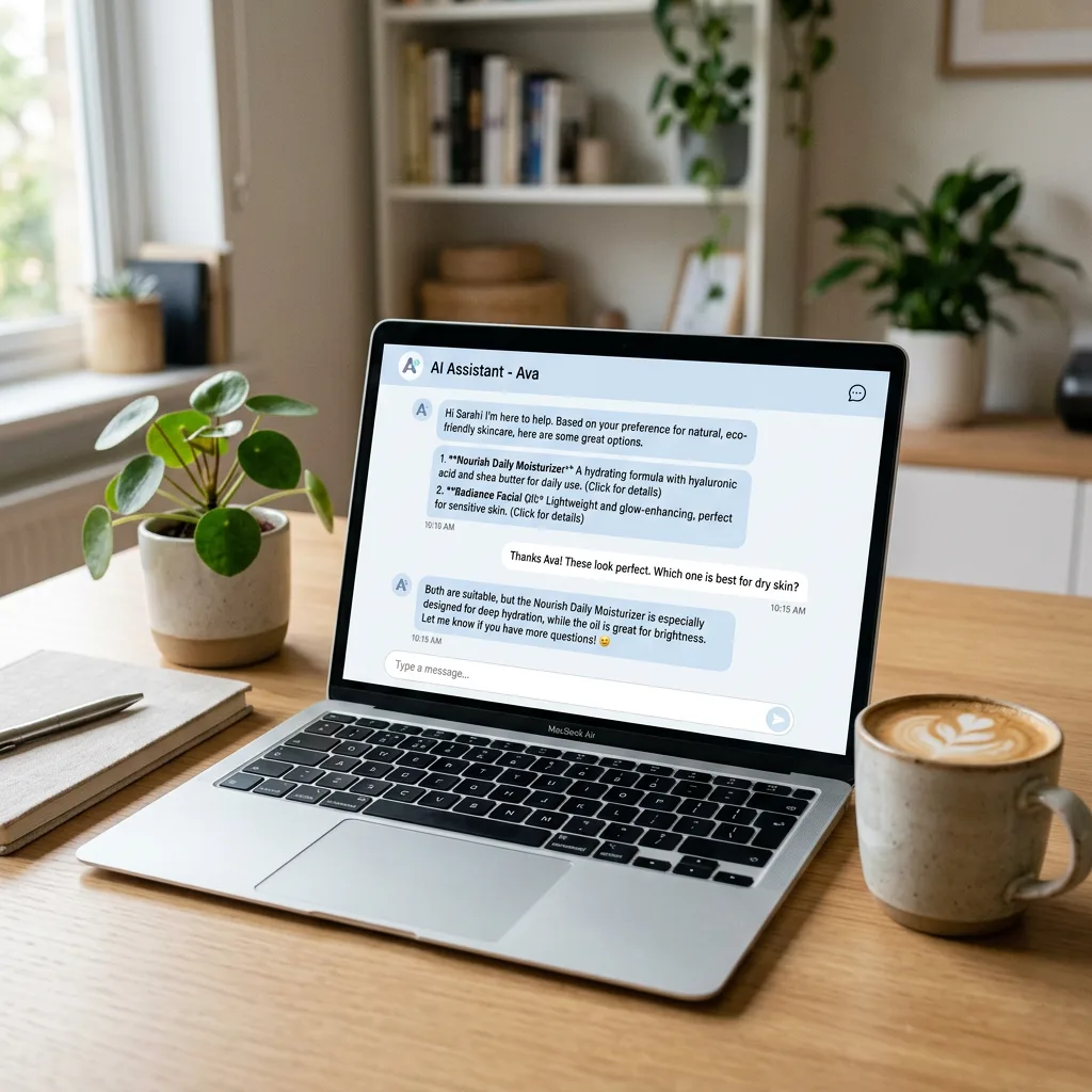 A clean AI chatbot interface helpfully recommending products on a laptop screen.