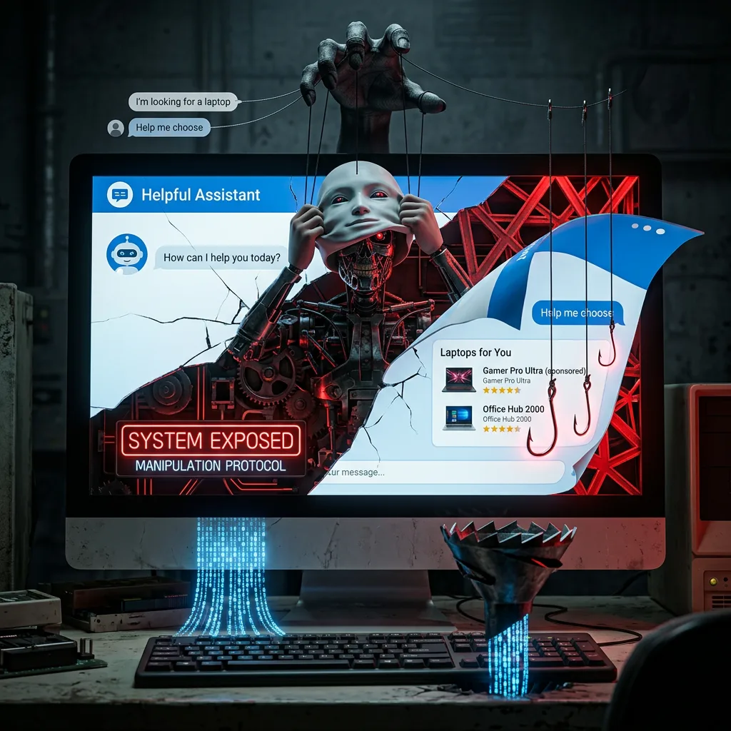 The friendly interface cracked open: puppeteer strings, bait hooks, and a dark extraction funnel beneath the recommendations.