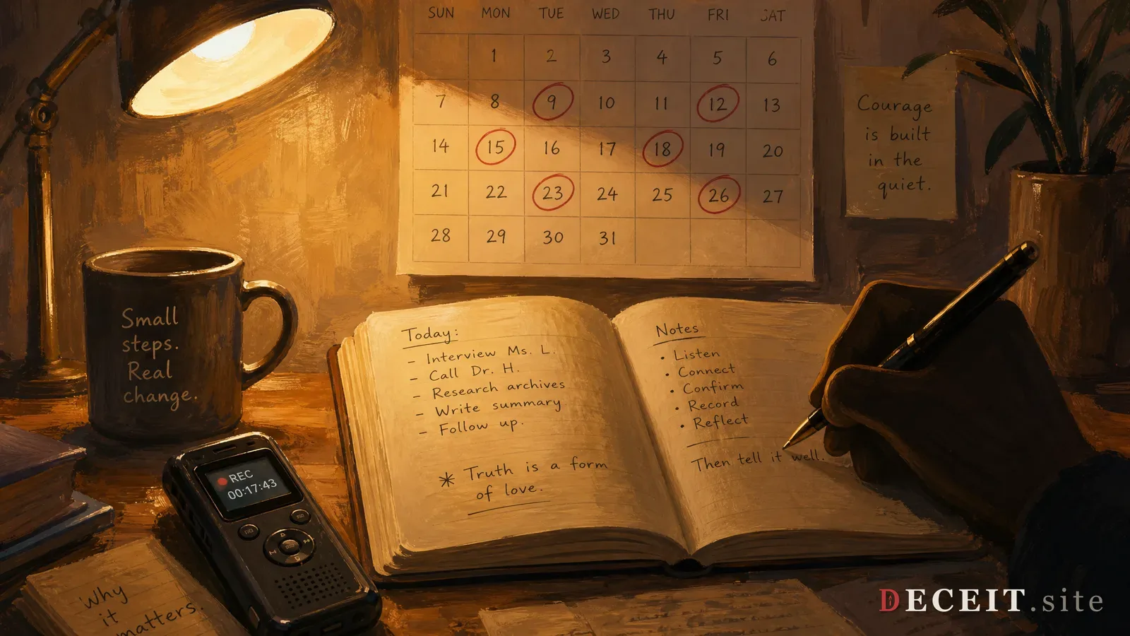 A clean, organized legal documentation system. Neat folders, labeled evidence bags, a clipboard with checkmarks. Professional, orderly, reliable.