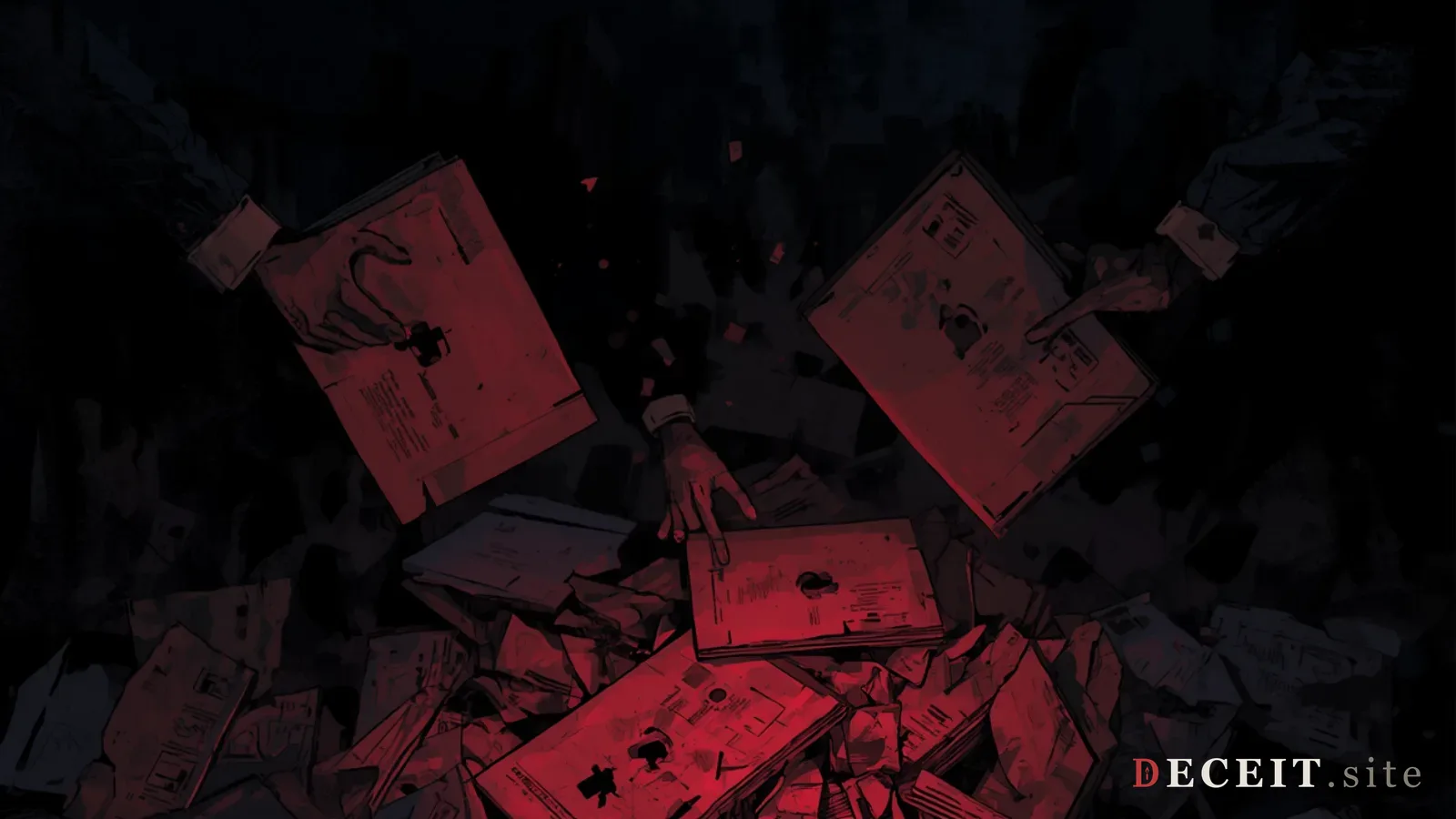 The same documentation system revealed as under attack. Folders scattered, evidence bags torn, red warning markers.