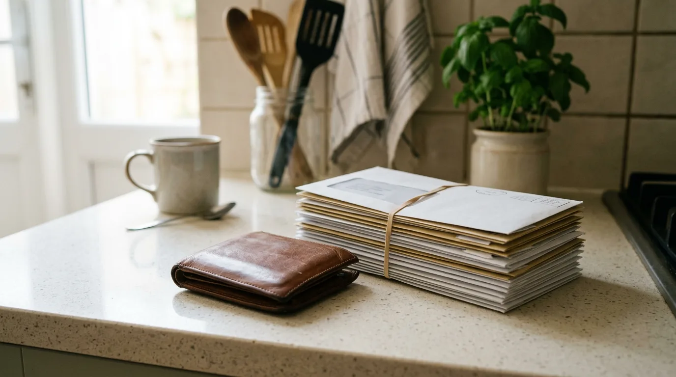 A wallet and a stack of unopened bills on a kitchen counter.