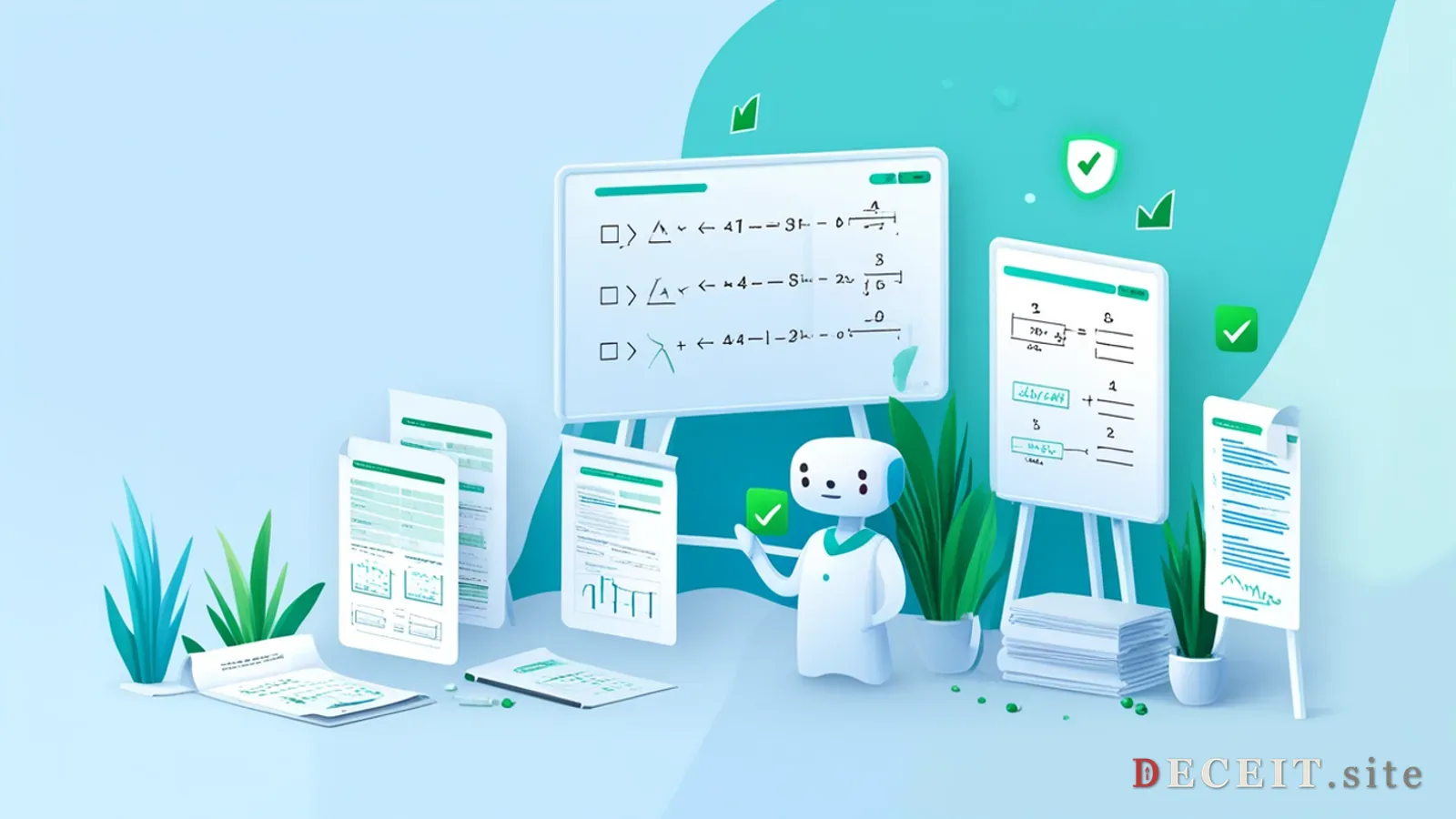 A clean, modern AI research lab. Bright whiteboards with alignment equations, a friendly AI assistant icon, green checkmarks on evaluation reports. Optimistic, scientific, trustworthy.