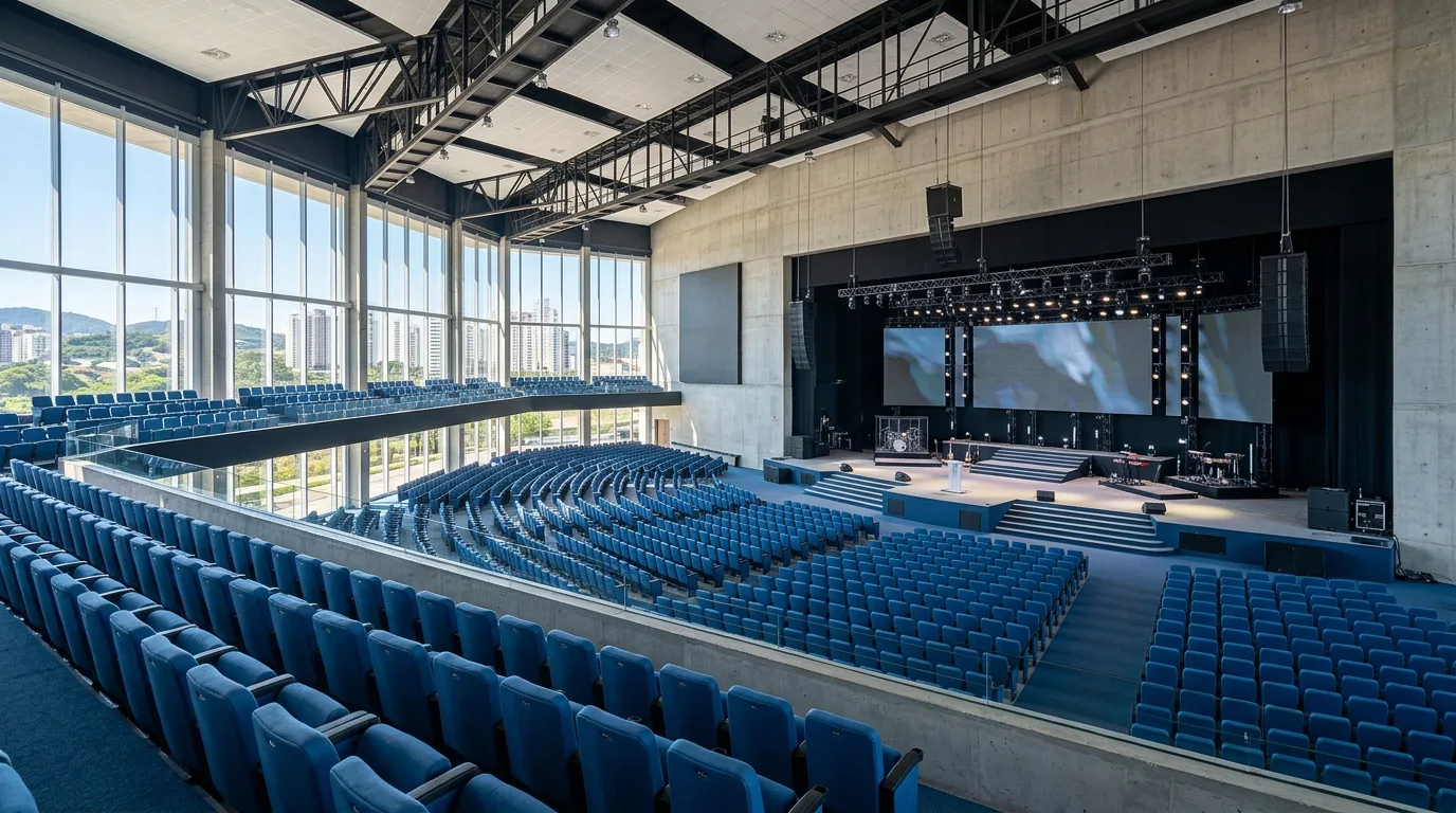 A vast Brazilian megachurch auditorium in daylight.