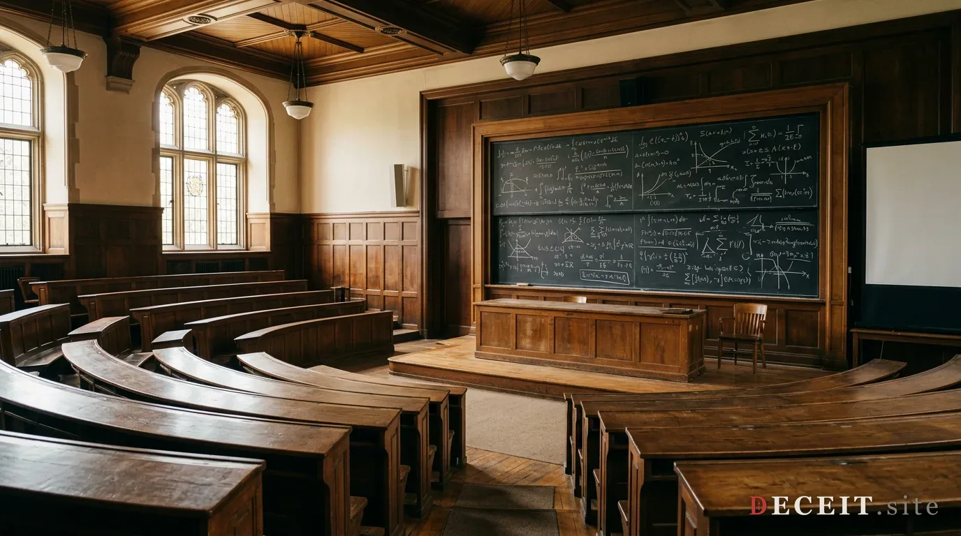 A dignified academic lecture hall with a blackboard of equations.