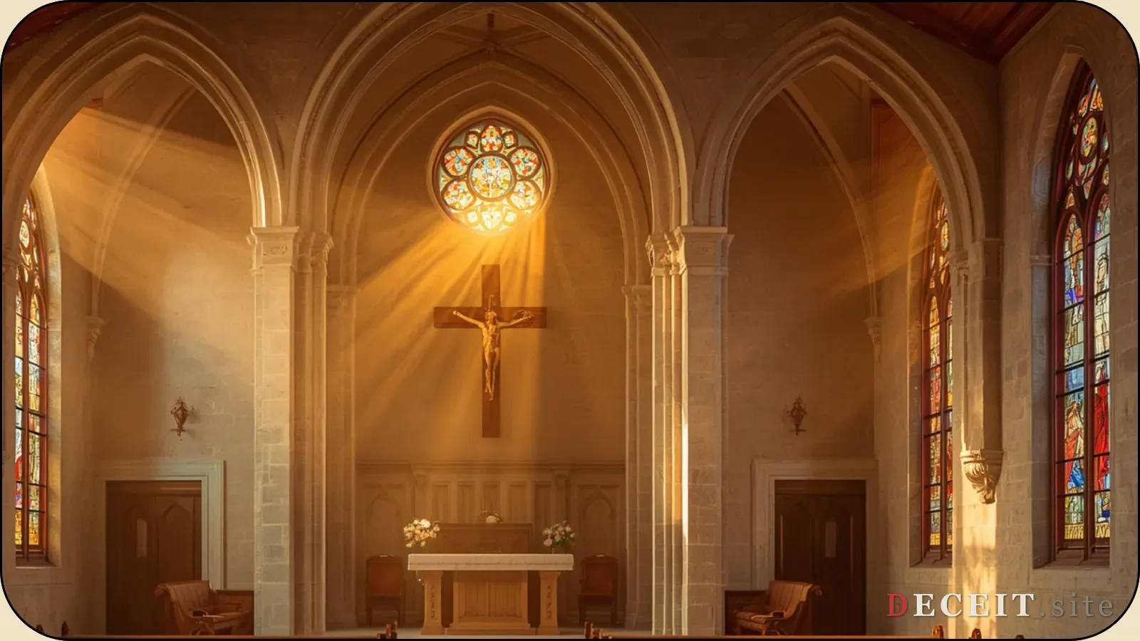 A warm, welcoming parish notice on a church bulletin board. Soft golden light, a cross symbol, community announcements, inviting typography. Spiritual, belonging, community.