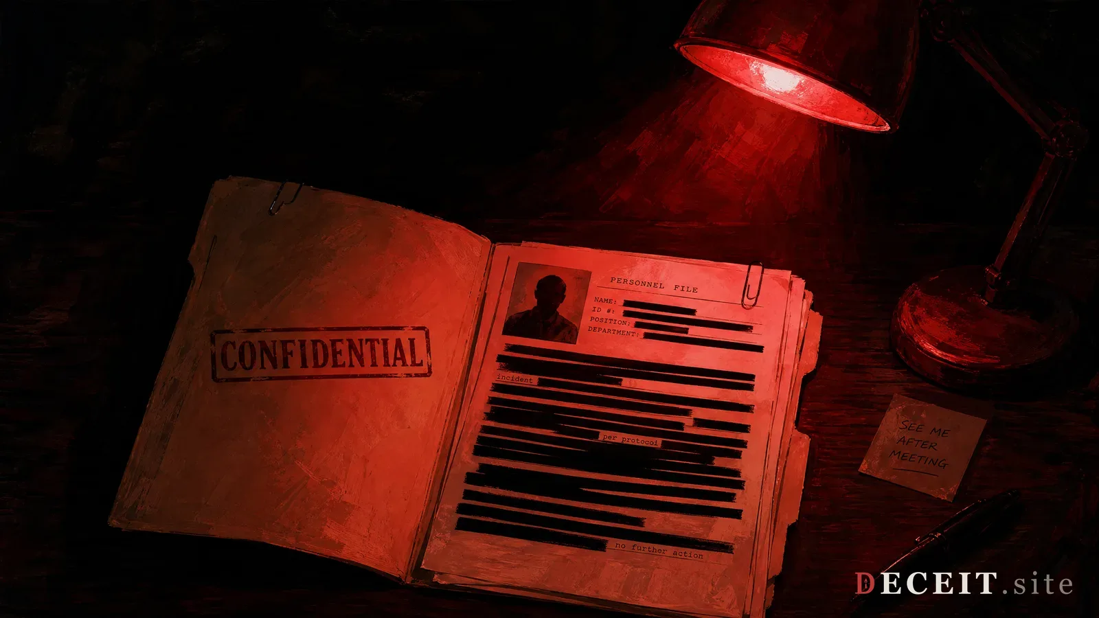 The same parish notice revealed as a surveillance assignment. Behind the warm bulletin, a behavioral monitoring clause glows crimson. The parish is a monitoring node, the assignment is a tracking document.