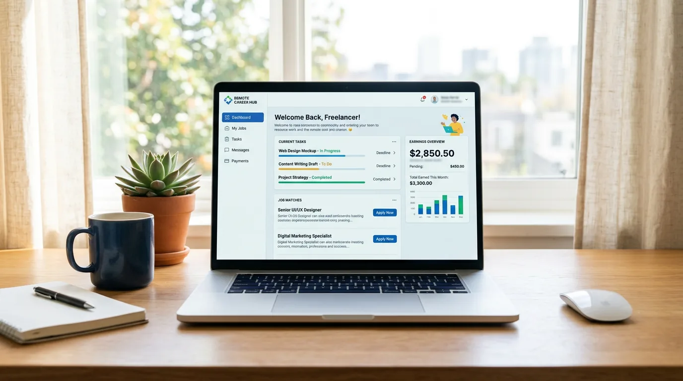 A clean remote-job portal with a tasks-and-earnings dashboard.