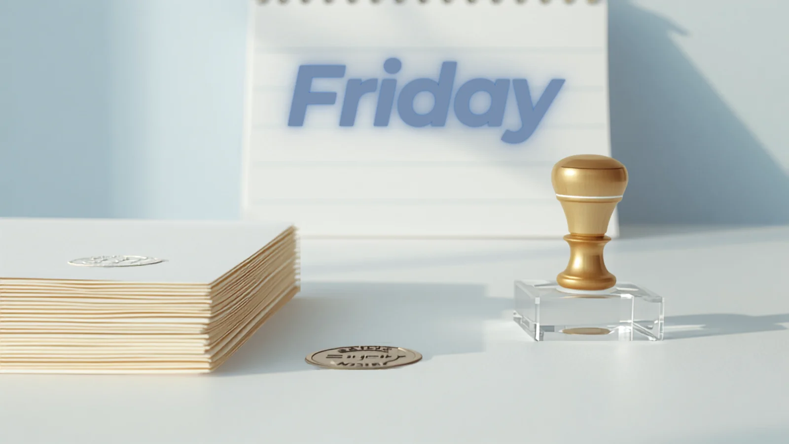 A clean, organized government records release. Neat stacks of documents, official stamps, bright office lighting, a Friday calendar visible. Transparent, compliant, orderly.