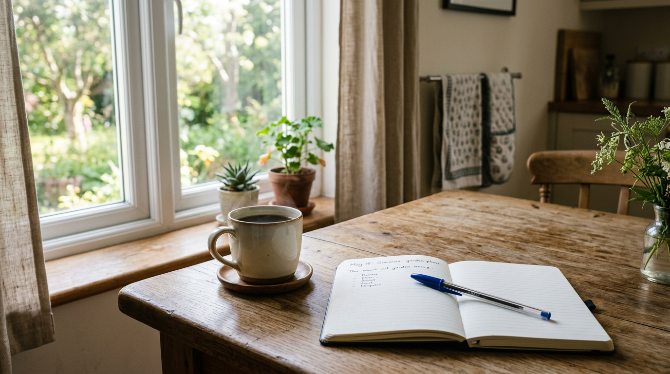 Notebook and pen on a kitchen table by a window