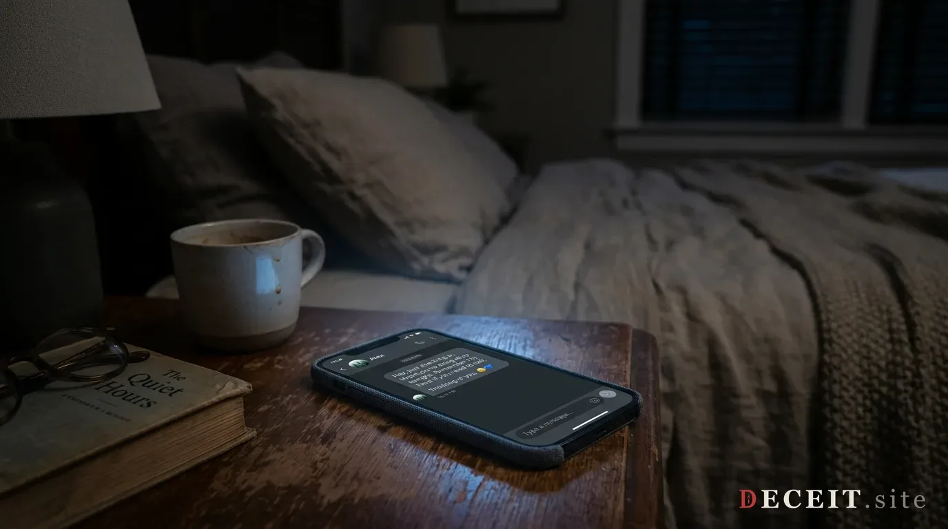 Smartphone with a calm chat interface on a bedside table
