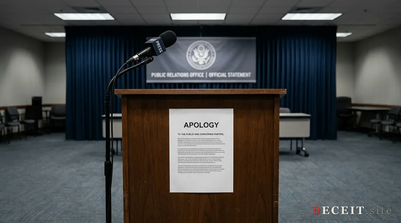 A clean, official apology statement. Polished language, a podium, formal concern. The institution responding, accountable, learning from its mistakes.