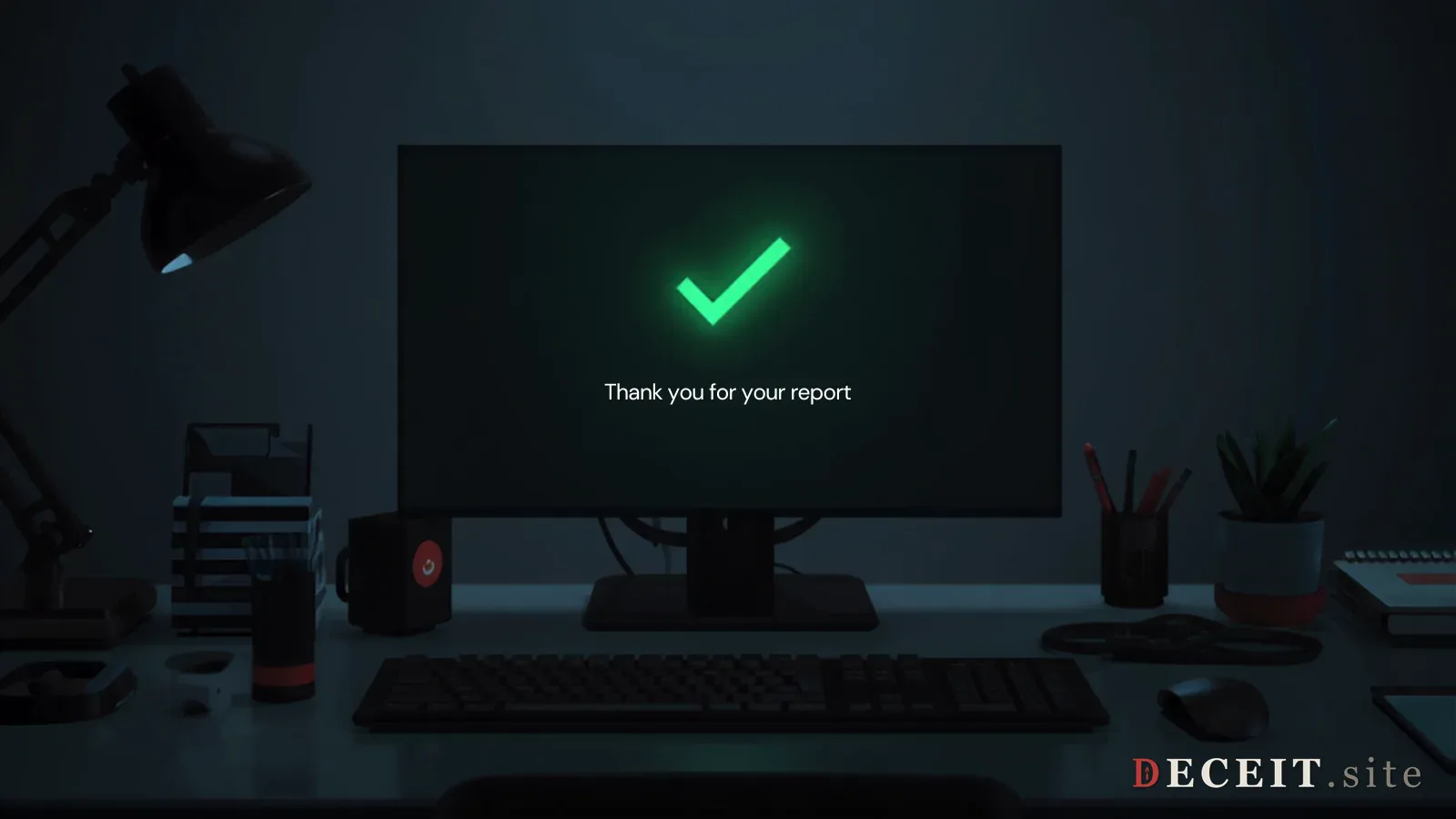 A professional security researcher's desk. Clean terminal, green checkmark on a bug report submission, a confirmation message. Orderly, responsible, trusted.