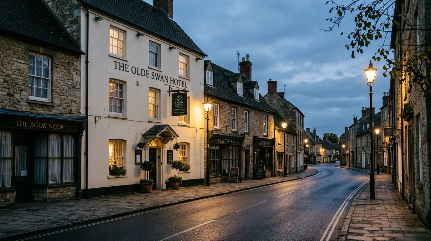 A quiet English high street at dusk.
